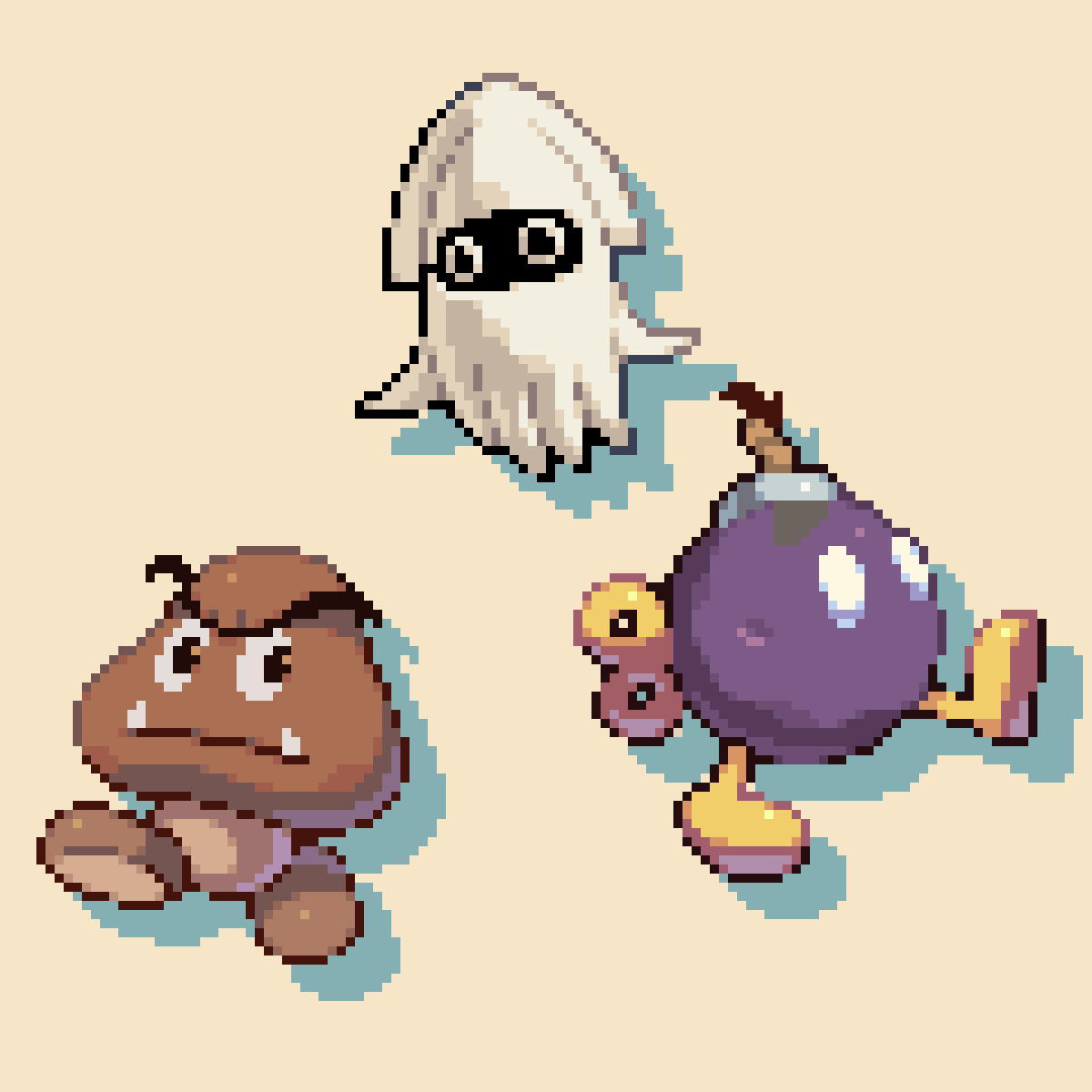black_eyes, blooper_(mario), bob-omb, bomb, brown_background, closed_mouth, commentary, english_commentary