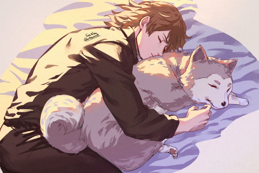 1girl, animal, aragaki_shinjirou, bed_sheet, black_pants, black_shirt, brown_hair, closed_eyes