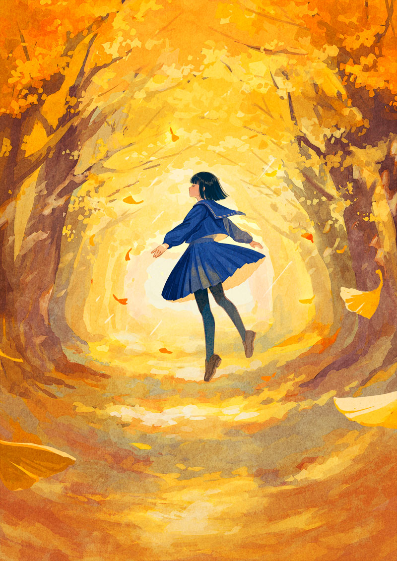1girl, autumn, black_hair, black_pantyhose, blue_skirt, blunt_bangs, brown_footwear, closed_eyes