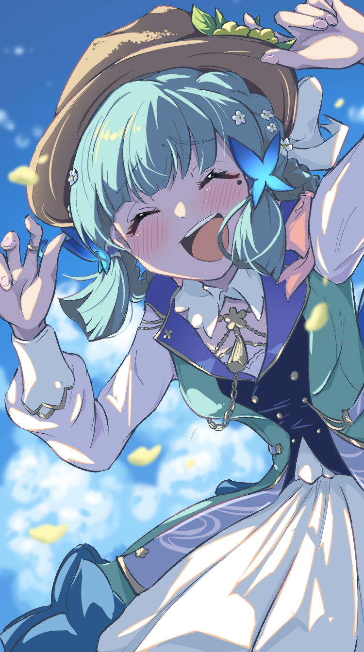 1girl, blue_dress, blush, breasts, brown_hat, cashew_0_dgren, closed_eyes, commentary_request