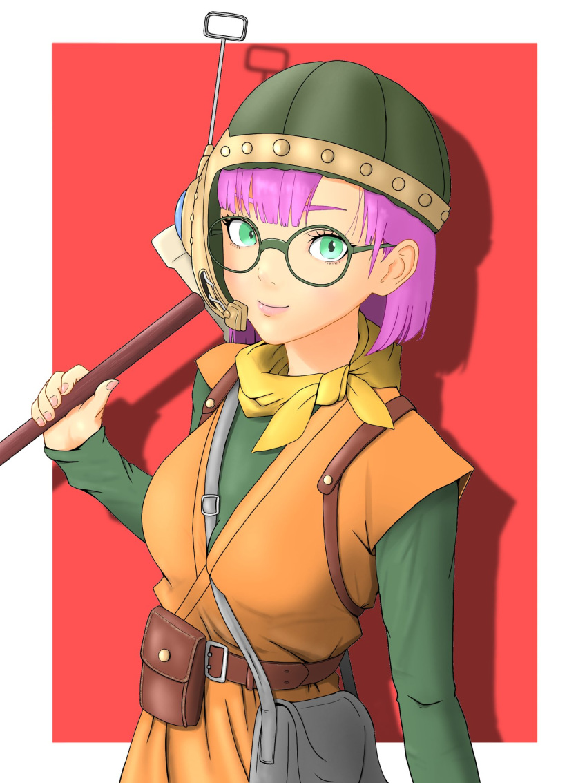 1girl, bag, belt, blue_eyes, breasts, chrono_trigger, closed_mouth, falco_luna, glasses, helmet, highres, looking_at_viewer, lucca_ashtear, nail_polish, scarf, short_hair, shoulder_bag, smile, solo, weapon