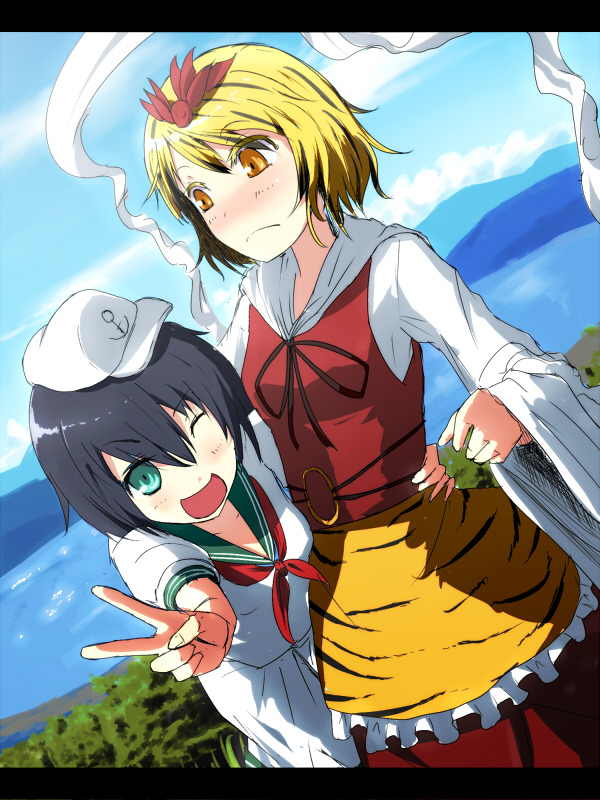 2girls, ;d, black_hair, blonde_hair, blush, bow, clouds, dress