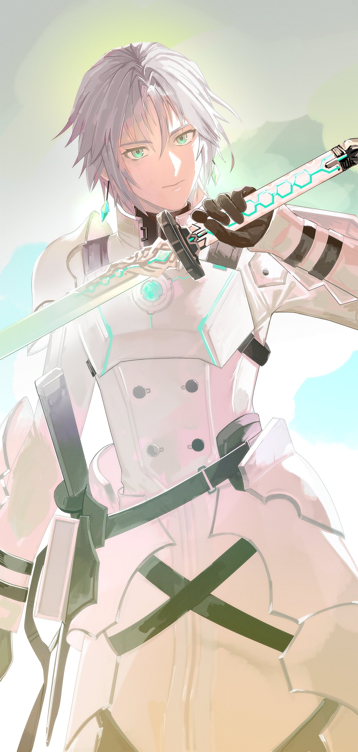 1boy, absurdres, aged_down, arm_armor, armor, belt, black_belt, black_gloves, breastplate, coat, expressionless, faulds, final_fantasy, final_fantasy_vii, final_fantasy_vii_ever_crisis, gloves, glowing, glowing_weapon, green_eyes, grey_hair, hand_up, high_collar, highres, holding, holding_sword, holding_weapon, katana, keiseki1, looking_at_viewer, male_focus, pauldrons, scabbard, sephiroth, sephiroth_(lethal_style), sheath, short_hair, shoulder_armor, solo, standing, sword, upper_body, weapon, white_coat