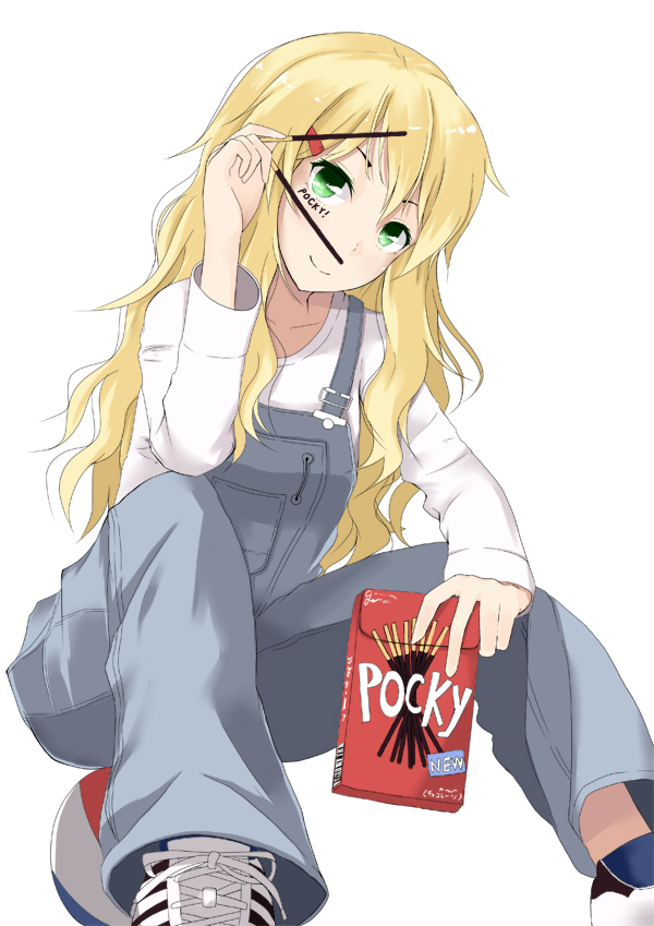 blonde_hair, green_eyes, hoshii_miki, ice_(artist), idolmaster, idolmaster_2, long_hair, overalls