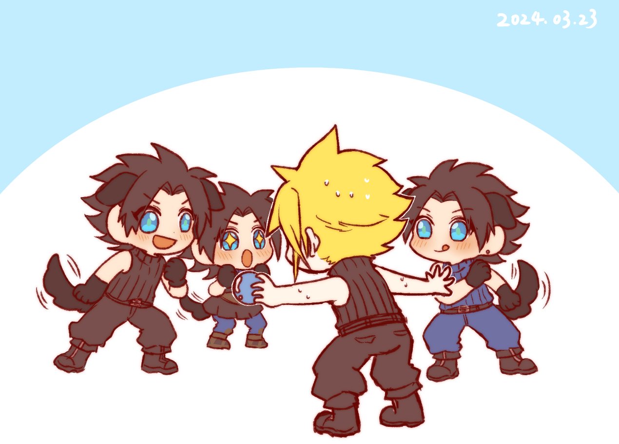 4boys, :o, age_progression, animal_ears, animal_hands, arms_up, ball, belt, black_belt, black_footwear, black_gloves, black_hair, black_pants, black_sweater, blonde_hair, blue_background, blue_eyes, blue_pants, blue_sweater, blush, boots, chibi, cloud_strife, commentary, crisis_core_final_fantasy_vii, dated, dog_boy, dog_ears, dog_tail, earrings, facing_away, final_fantasy, final_fantasy_vii, full_body, gloves, hands_up, happy, holding, holding_ball, jewelry, kemonomimi_mode, kingdom_hearts, kingdom_hearts_birth_by_sleep, leaning_forward, linothorax, lll777777lll, meme, multiple_belts, multiple_boys, open_mouth, pants, parted_bangs, prattkeeping_(meme), short_hair, simple_background, sleeveless, sleeveless_sweater, sleeveless_turtleneck, smile, sparkling_eyes, spiky_hair, standing, stud_earrings, sweat, sweater, tail, tail_wagging, tongue, tongue_out, turtleneck, turtleneck_sweater, white_background, zack_fair