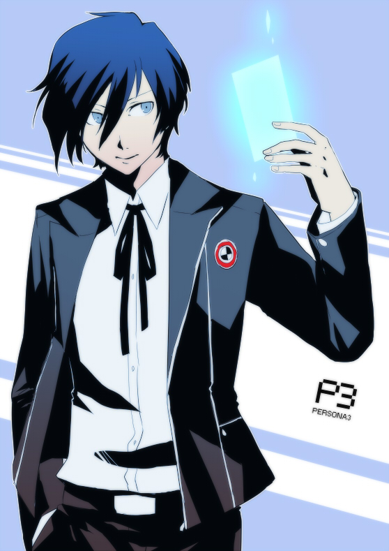 arisato_minato, bad_id, blue_eyes, blue_hair, card, card_with_aura, fujino_miyabi, holding