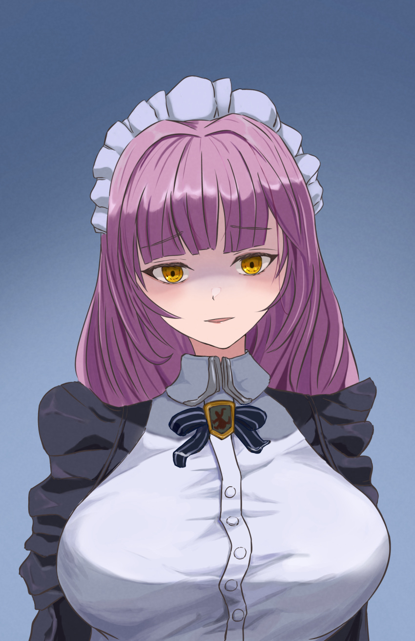 1girl, azur_lane, blue_background, blue_bow, blue_bowtie, bow, bowtie, buttons, devonshire_(azur_lane), fuyuame5089, highres, light_blush, looking_at_viewer, maid, maid_headdress, medium_hair, parted_lips, purple_hair, shaded_face, simple_background, solo, taut_clothes, upper_body, yellow_eyes