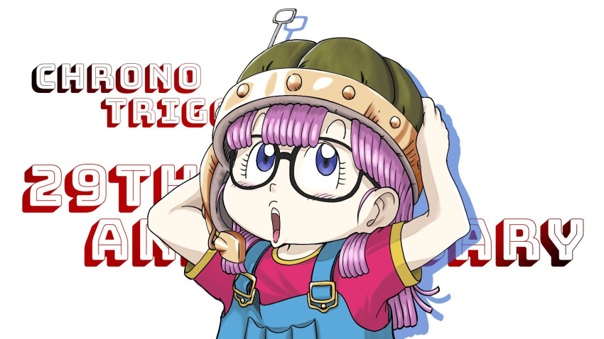 1girl, anniversary, artist_request, blue_eyes, chrono_trigger, copyright_name, cosplay, dr._slump
