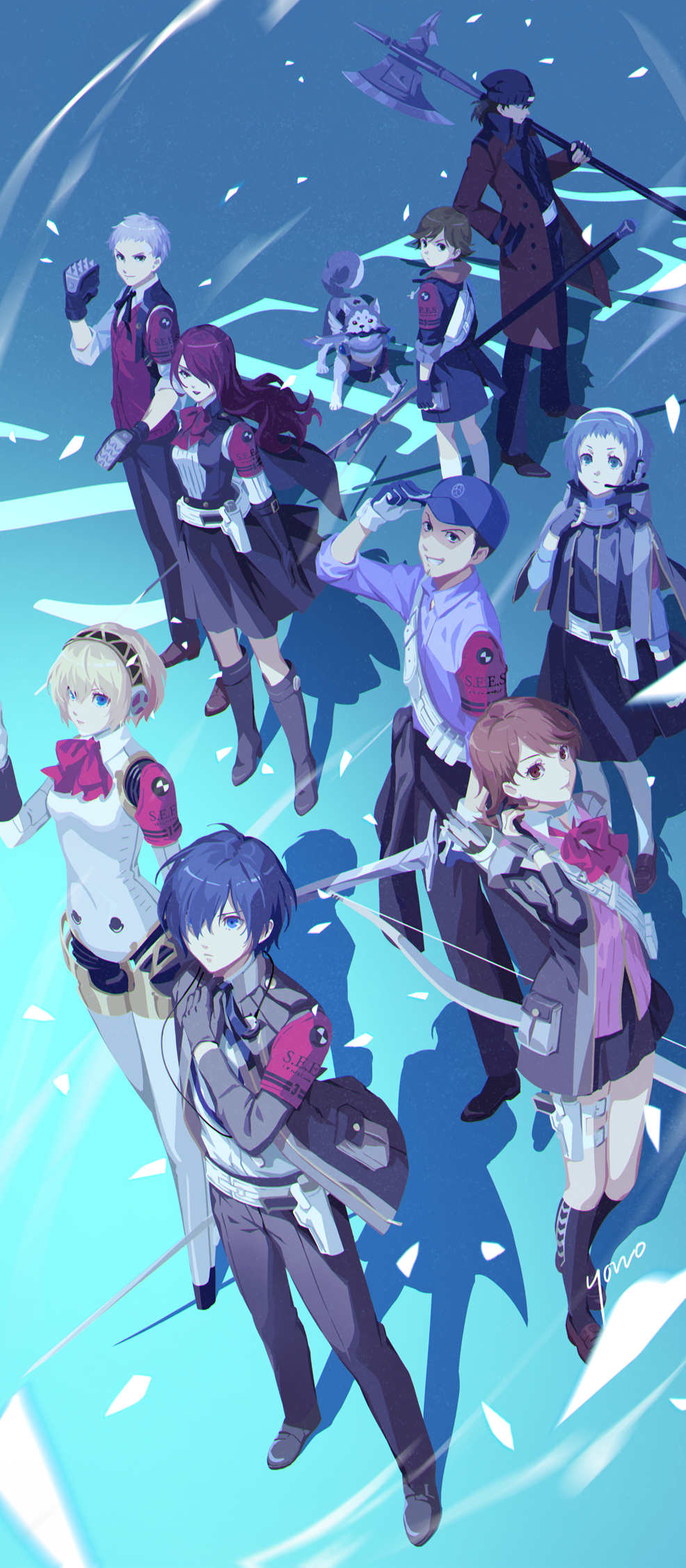 4girls, 5boys, aegis_(persona), amada_ken, aragaki_shinjirou, axe, baseball_cap, beanie, black_gloves, black_hair, black_pants, black_shirt, black_skirt, black_socks, blonde_hair, blue_background, blue_eyes, blue_shirt, bow, bow_(weapon), brown_coat, brown_eyes, brown_hair, cardigan, clothes_around_waist, coat, collared_shirt, commentary_request, dog, drop_shadow, elbow_gloves, everyone, floating_clothes, floating_hair, from_above, gekkoukan_high_school_uniform, gloves, green_hair, grey_hair, grin, hair_over_one_eye, hand_in_pocket, hand_up, hat, headset, highres, holding, holding_axe, holding_bow_(weapon), holding_sword, holding_weapon, iori_junpei, kirijou_mitsuru, kneehighs, koromaru_(persona), long_hair, looking_at_viewer, multiple_boys, multiple_girls, one_eye_covered, open_clothes, open_coat, pants, persona, persona_3, persona_3_reload, pink_cardigan, red_bow, red_eyes, redhead, robot_girl, sanada_akihiko, school_uniform, serious, shirt, short_hair, signature, simple_background, skirt, sleeves_rolled_up, smile, socks, spiked_knuckles, spiky_hair, standing, sword, takeba_yukari, v-shaped_eyebrows, very_short_hair, weapon, white_shirt, wide_shot, wind, yamagishi_fuuka, yono_999, yuuki_makoto_(persona_3)