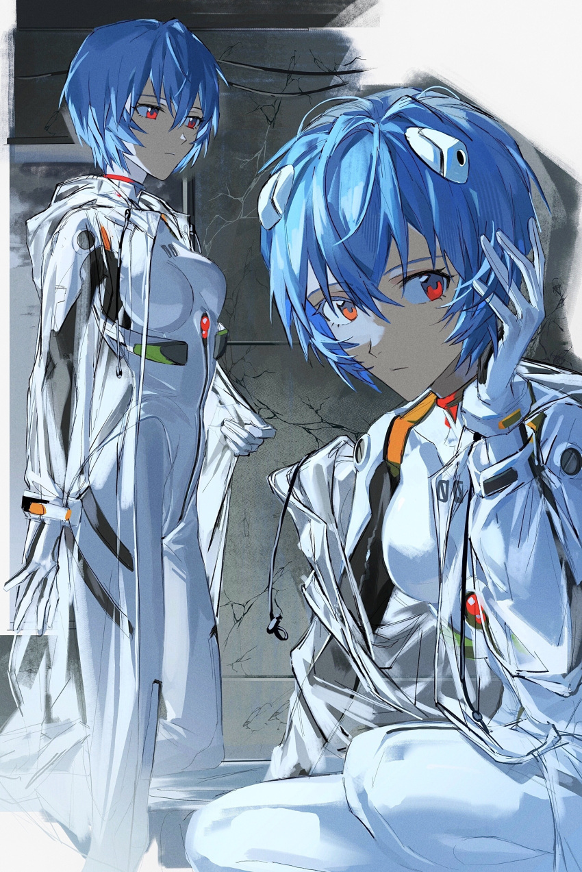 1girl, absurdres, ayanami_rei, blue_hair, breasts, closed_mouth, crack, cracked_wall, expressionless, gloves, hair_between_eyes, hand_up, highres, interface_headset, looking_at_viewer, multiple_views, neon_genesis_evangelion, pilot_suit, plugsuit, red_eyes, short_hair, small_breasts, solo, squatting, standing, tokeru, white_gloves