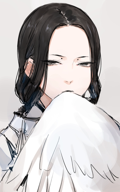 1girl, black_hair, c.cu, commentary_request, dungeon_meshi, feathered_wings, feathers, grey_background