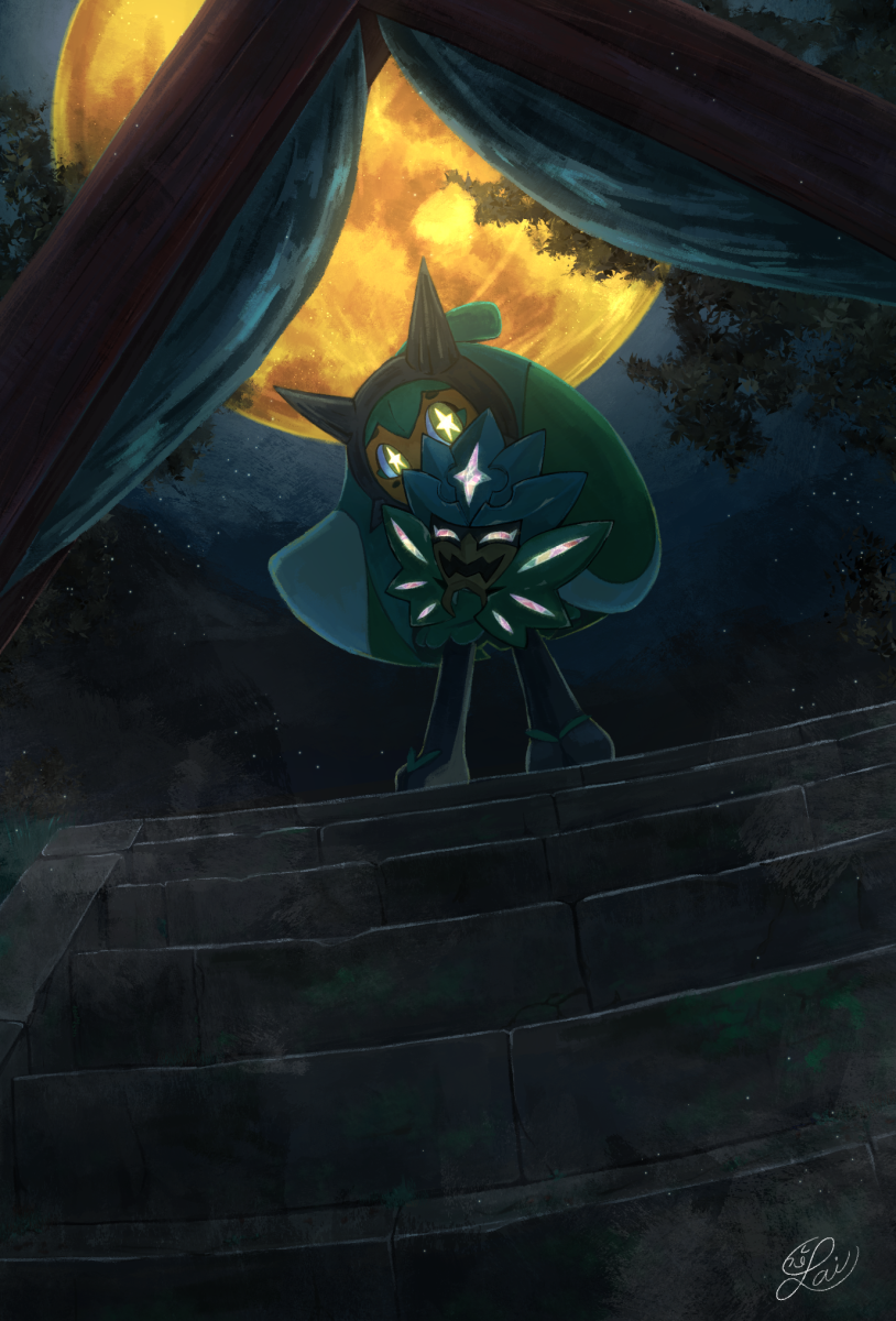 commentary_request, from_below, glowing_pupils, highres, lai_(pixiv1814979), mask, moon, night