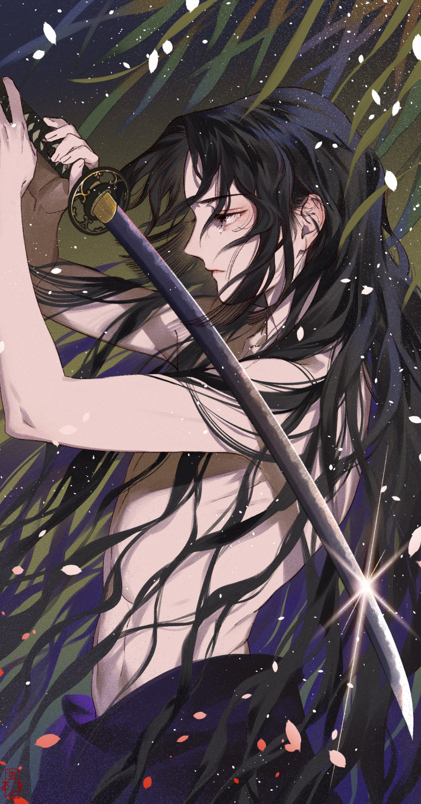 1boy, abs, arms_up, bare_back, bare_shoulders, black_eyes, black_hair, closed_mouth