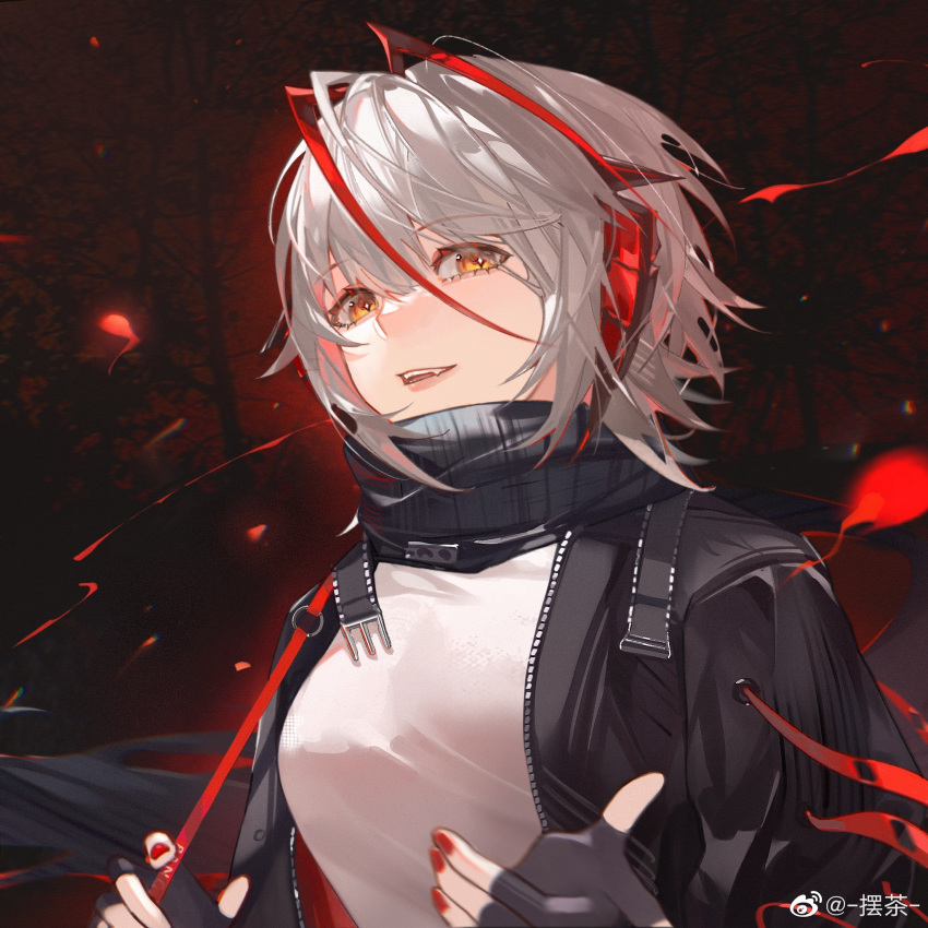 1girl, antenna_hair, arknights, black_gloves, black_jacket, black_scarf, chinese_commentary, commentary_request