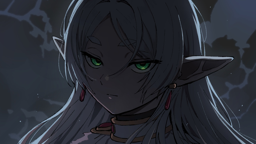 1girl, absurdres, close-up, closed_mouth, dangle_earrings, drop_earrings, earrings, elf, frieren, glaring, green_eyes, hair_down, highres, jewelry, keomikan, long_hair, looking_at_viewer, messy_hair, parted_bangs, pointy_ears, portrait, scene_reference, serious, solo, sousou_no_frieren, thick_eyebrows, white_hair