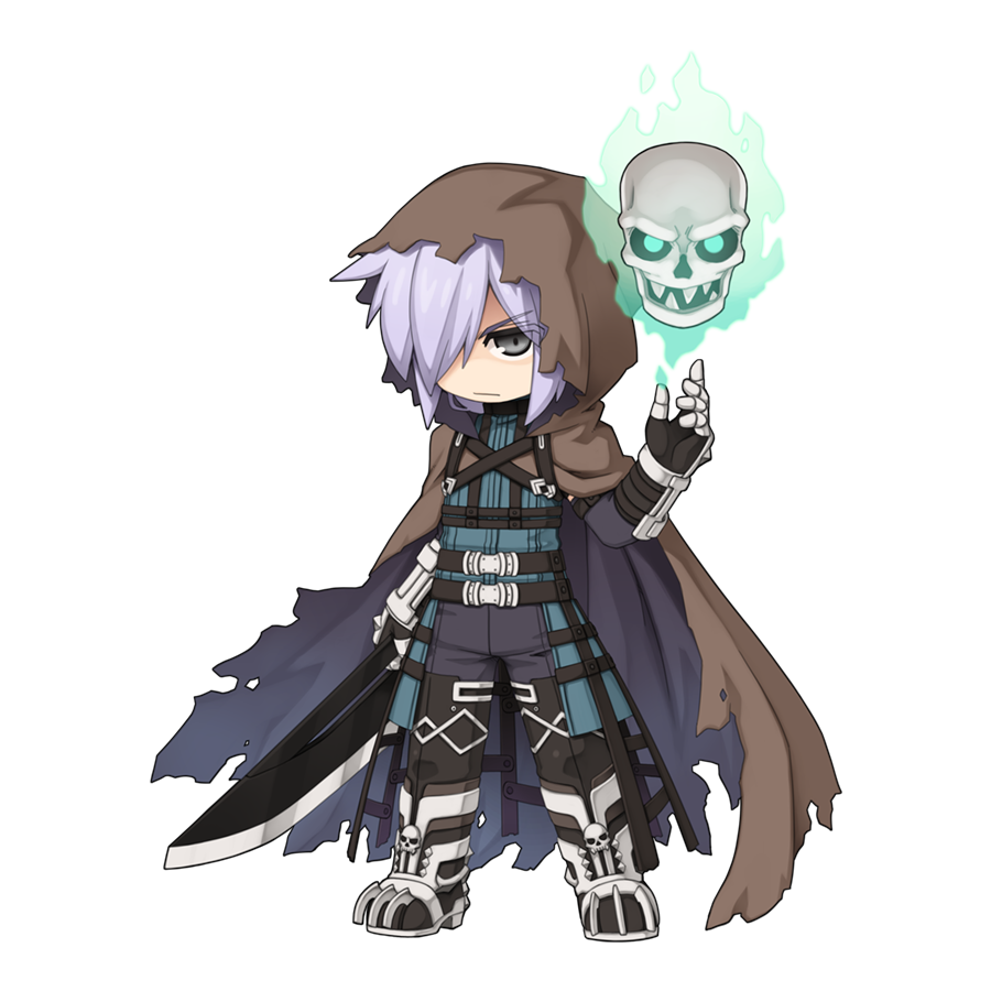 1boy, armored_boots, black_gloves, black_pants, blue_shirt, boots, brown_cloak, chibi