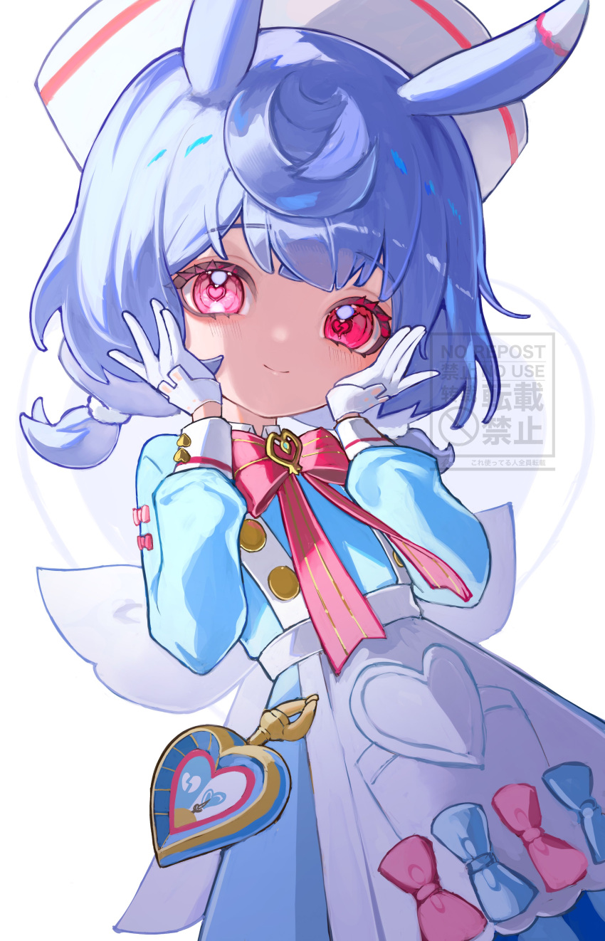 1girl, absurdres, apron, aqua_bow, aqua_dress, blue_hair, blush, bow