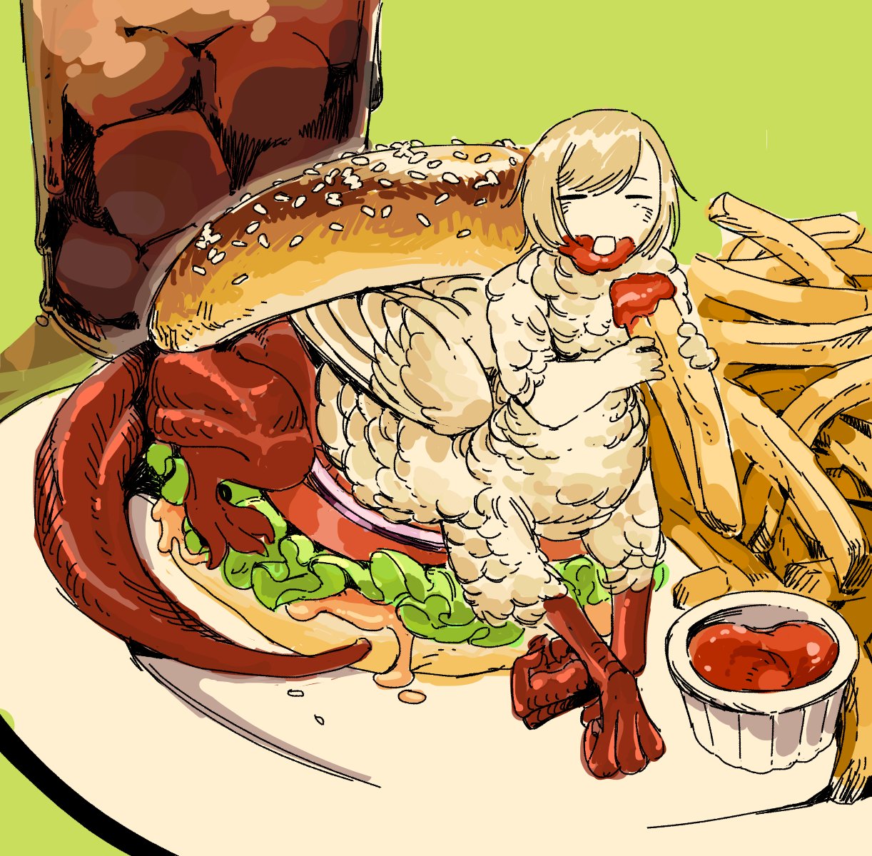 1girl, blonde_hair, burger, centauroid, claws, closed_eyes, dragon_girl, dragon_tail