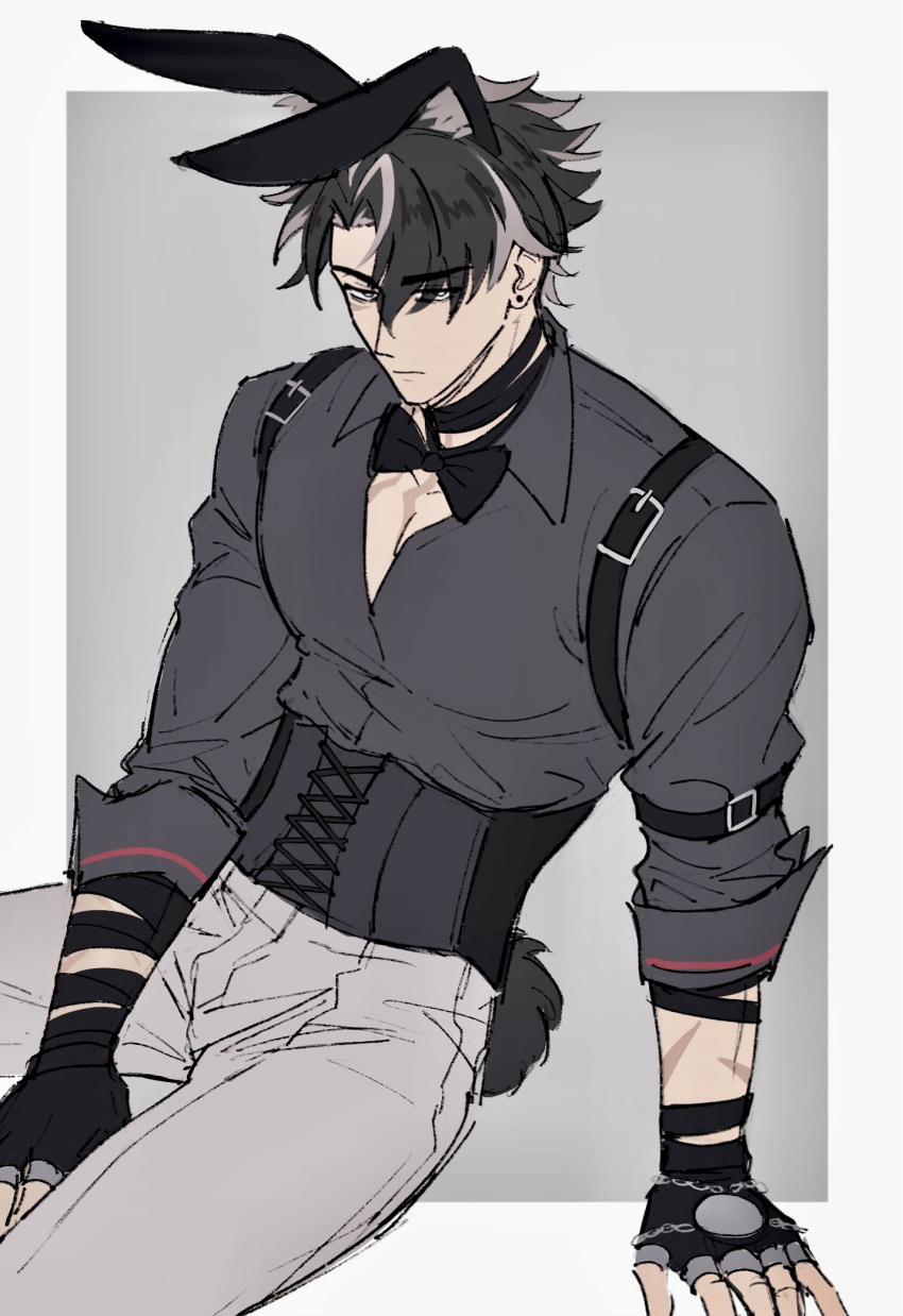 1boy, acupofbread, animal_ears, arm_support, bandaged_arm, bandaged_neck, bandages, black_bow