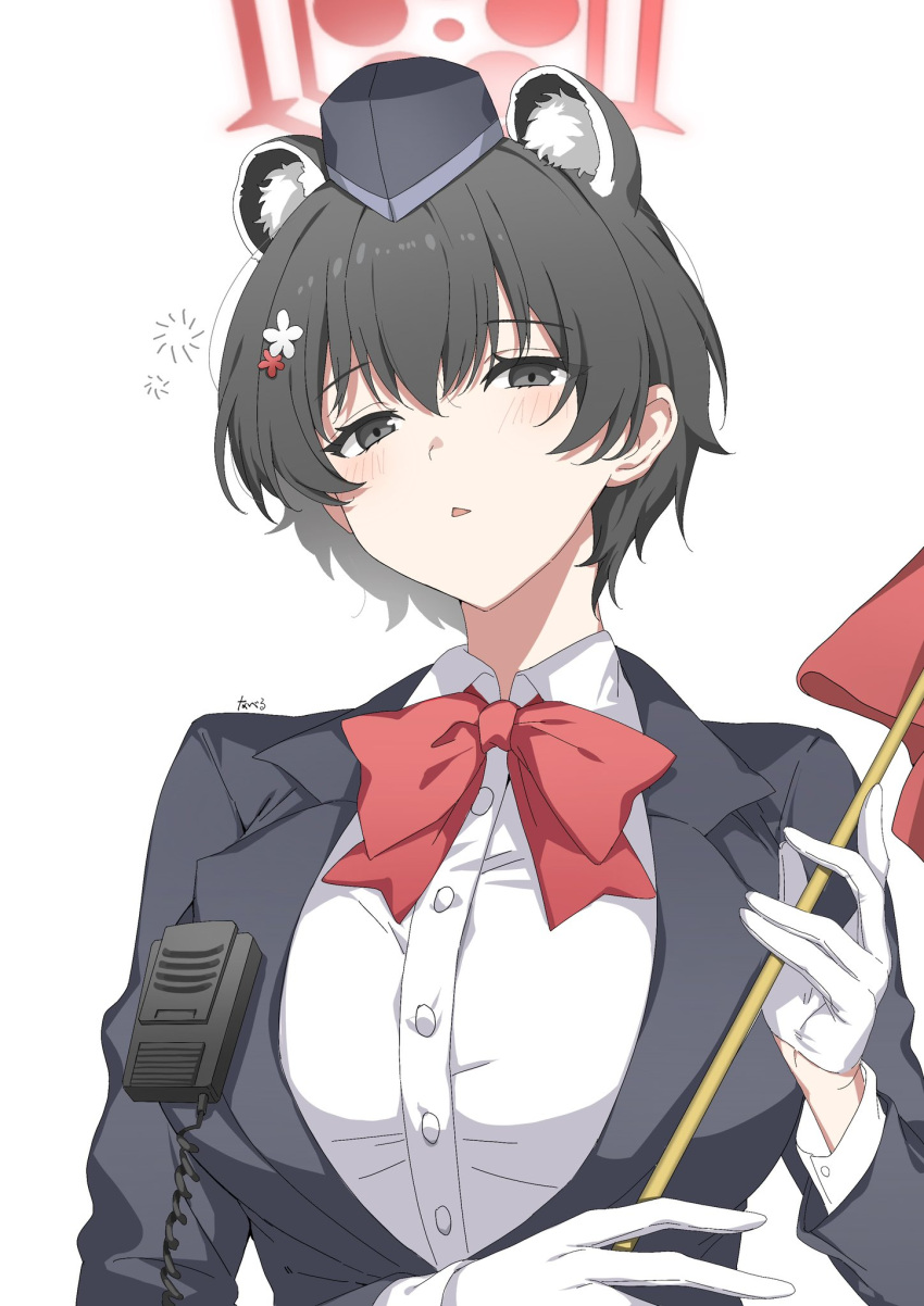 1girl, animal_ears, black_eyes, black_hair, black_hat, blue_archive, blush, bow, bowtie, breasts, collared_shirt, extra_ears, garrison_cap, gloves, hair_between_eyes, halo, hat, highres, holding, large_breasts, long_sleeves, official_alternate_costume, open_mouth, red_bow, red_bowtie, red_halo, shirt, short_hair, simple_background, solo, tsubaki_(blue_archive), tsubaki_(guide)_(blue_archive), upper_body, white_background, white_gloves, white_shirt, you_guo_chaocai