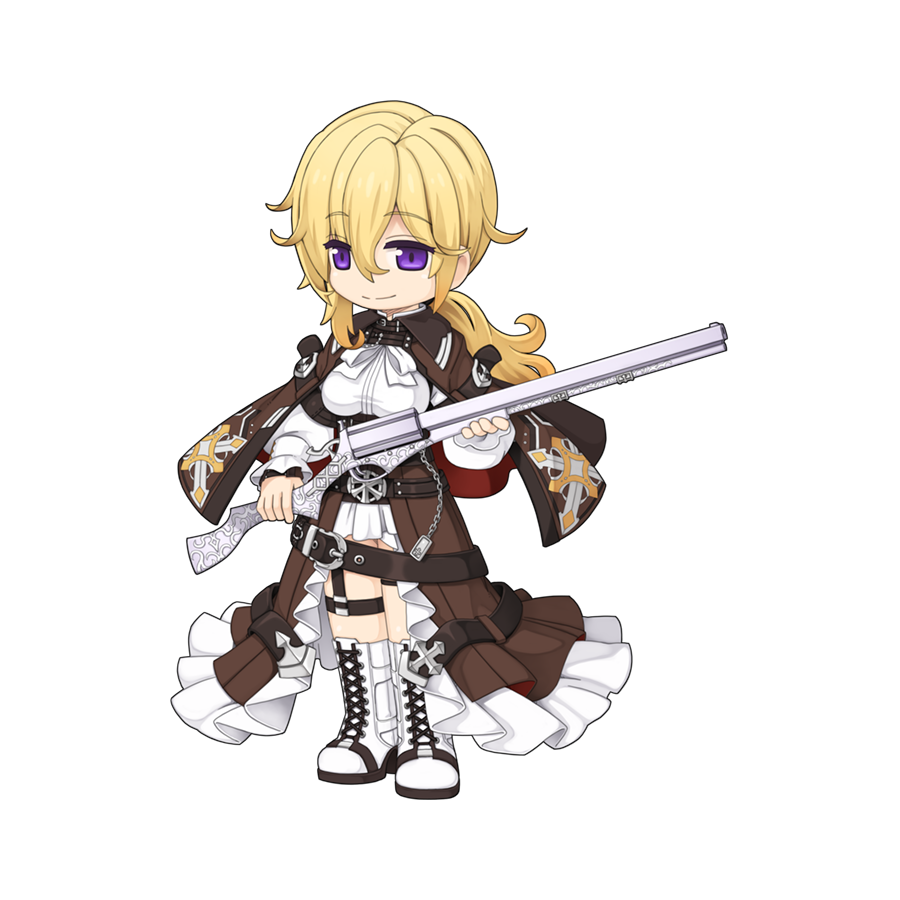 1girl, blonde_hair, boots, bow, bowtie, breasts, brown_cape, brown_skirt, bullet, cape, chain, chibi, closed_mouth, cross-laced_footwear, eyes_visible_through_hair, full_body, gun, hair_between_eyes, high-waist_skirt, high_heel_boots, high_heels, holding, holding_gun, holding_weapon, large_breasts, long_bangs, long_hair, long_skirt, long_sleeves, looking_at_viewer, low_ponytail, night_watch_(ragnarok_online), official_art, ragnarok_online, red_cape, revolver, rifle, shirt, simple_background, skirt, smile, sniper_rifle, solo, split_mouth, standing, tachi-e, thigh_strap, transparent_background, two-sided_cape, two-sided_fabric, underbust, violet_eyes, weapon, white_bow, white_bowtie, white_footwear, white_shirt, yuichirou