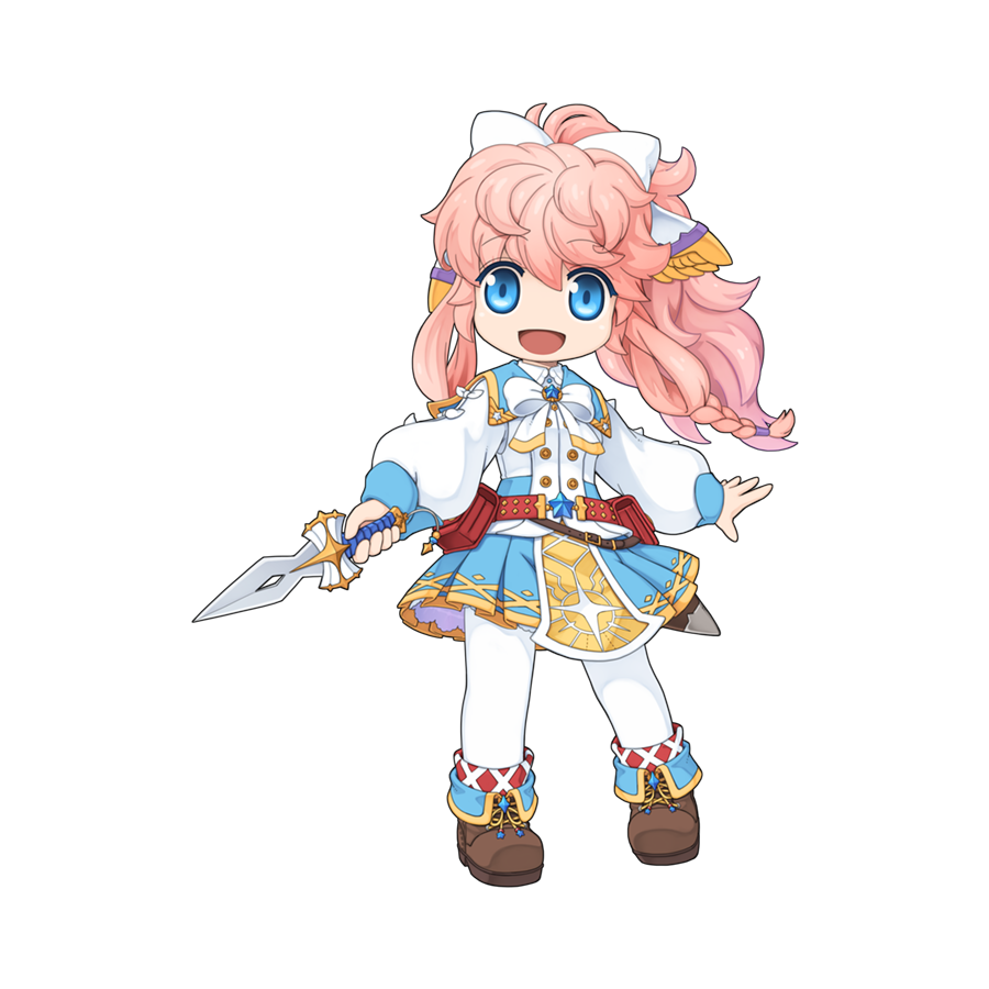 1girl, :d, blue_capelet, blue_eyes, blue_skirt, boots, bow, bowtie, braid, braided_sidelock, breasts, brown_footwear, buttons, capelet, chibi, collared_shirt, curly_hair, dagger, flat_chest, floating_hair, fold-over_boots, full_body, gold_trim, hair_bow, holding, holding_dagger, holding_knife, holding_weapon, hyper_novice_(ragnarok_online), knife, long_hair, long_sleeves, looking_at_viewer, low-braided_long_hair, low-tied_long_hair, medium_bangs, official_art, open_mouth, pantyhose, pelvic_curtain, pink_hair, pleated_skirt, puffy_long_sleeves, puffy_sleeves, ragnarok_online, shirt, simple_background, skirt, smile, solo, standing, tachi-e, transparent_background, twin_braids, weapon, white_bow, white_bowtie, white_pantyhose, white_shirt, yuichirou