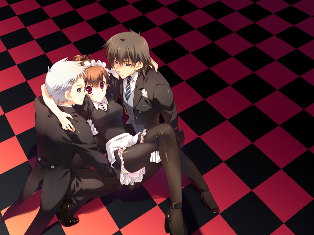 aragaki_shinjirou, brown_eyes, brown_hair, butler, checkered, checkered_floor, female_protagonist_(persona_3), formal