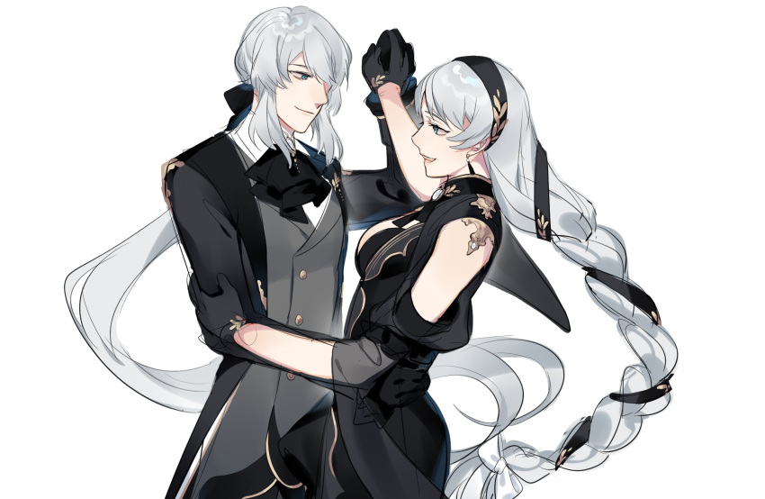 1boy, 1girl, angelica_(project_moon), argalia_(project_moon), ascot, black_ascot, black_dress, black_gloves