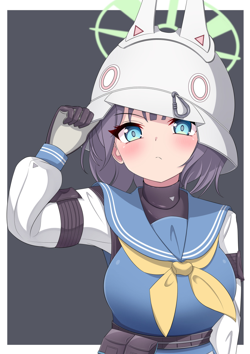 1girl, absurdres, adjusting_clothes, adjusting_headwear, animal_ear_headwear, arm_behind_back, blue_archive, blue_eyes, blue_serafuku, blush, breasts, combat_helmet, commentary_request, expressionless, frown, gloves, green_halo, hair_between_eyes, halo, hand_up, helmet, highres, kyukkyu, large_breasts, lifted_by_self, long_sleeves, medium_hair, neckerchief, purple_hair, saki_(blue_archive), school_uniform, serafuku, shirt, solo, stahlhelm, staring, upper_body, white_shirt, yellow_neckerchief