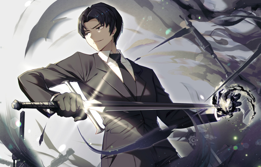 1boy, asdf_(rokiru08), black_eyes, black_fire, black_gloves, black_hair, black_jacket, black_necktie