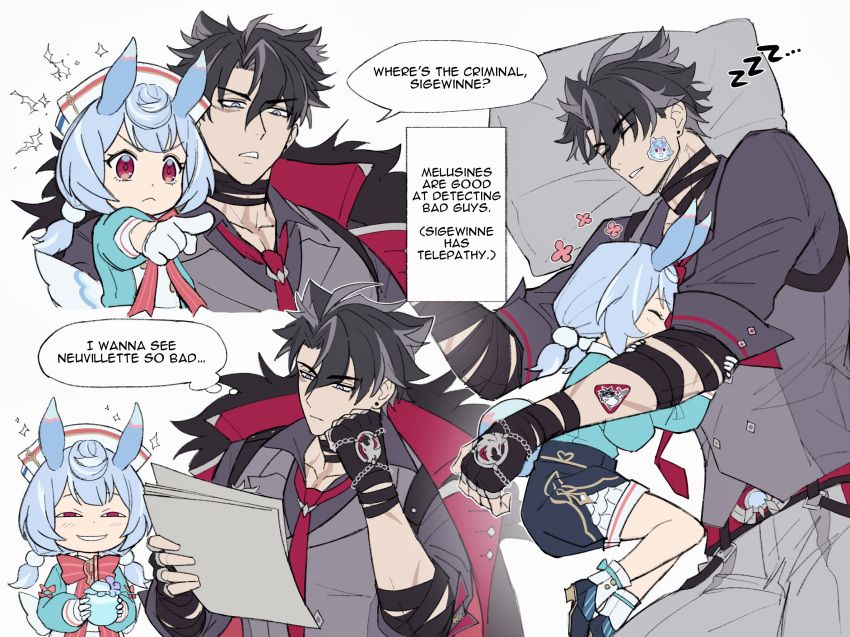 1boy, 1girl, :<, ^_^, acupofbread, animal_ears, anya's_heh_face_(meme), aqua_dress, bandaged_arm, bandaged_neck, bandages, black_coat, black_gloves, black_hair, black_shirt, blue_eyes, blue_footwear, blue_hair, blue_shorts, blush, boots, bow, bowtie, chain, closed_eyes, closed_mouth, coat, coat_on_shoulders, collarbone, collared_shirt, commentary, cup, disgust, dress, drinking_straw, earrings, elbow_rest, english_commentary, english_text, eyelashes, fingerless_gloves, flower_(symbol), frown, fur-trimmed_coat, fur_trim, genshin_impact, gloves, grey_hair, grey_pants, grey_vest, hair_between_eyes, hair_ornament, hands_up, hat, head_rest, high_heel_boots, high_heels, highres, holding, holding_cup, holding_paper, jewelry, lapels, long_sleeves, low_twintails, lying, medium_hair, melusine_(genshin_impact), meme, milkshake, multicolored_hair, multiple_views, necktie, nurse_cap, on_side, outstretched_arm, outstretched_hand, pants, paper, parted_bangs, parted_lips, pointing, pom_pom_(clothes), pom_pom_hair_ornament, puffy_shorts, red_bow, red_bowtie, red_eyes, red_necktie, scar, scar_on_arm, scar_on_cheek, scar_on_face, scar_on_neck, shirt, short_hair, short_sleeves, short_twintails, shorts, sidelocks, sigewinne_(genshin_impact), simple_background, sleeping, smile, speech_bubble, sticker, sticker_on_face, streaked_hair, stud_earrings, thought_bubble, twintails, two-sided_coat, two-sided_fabric, upper_body, v-shaped_eyebrows, vest, white_background, white_gloves, white_hat, wriothesley_(genshin_impact), zzz