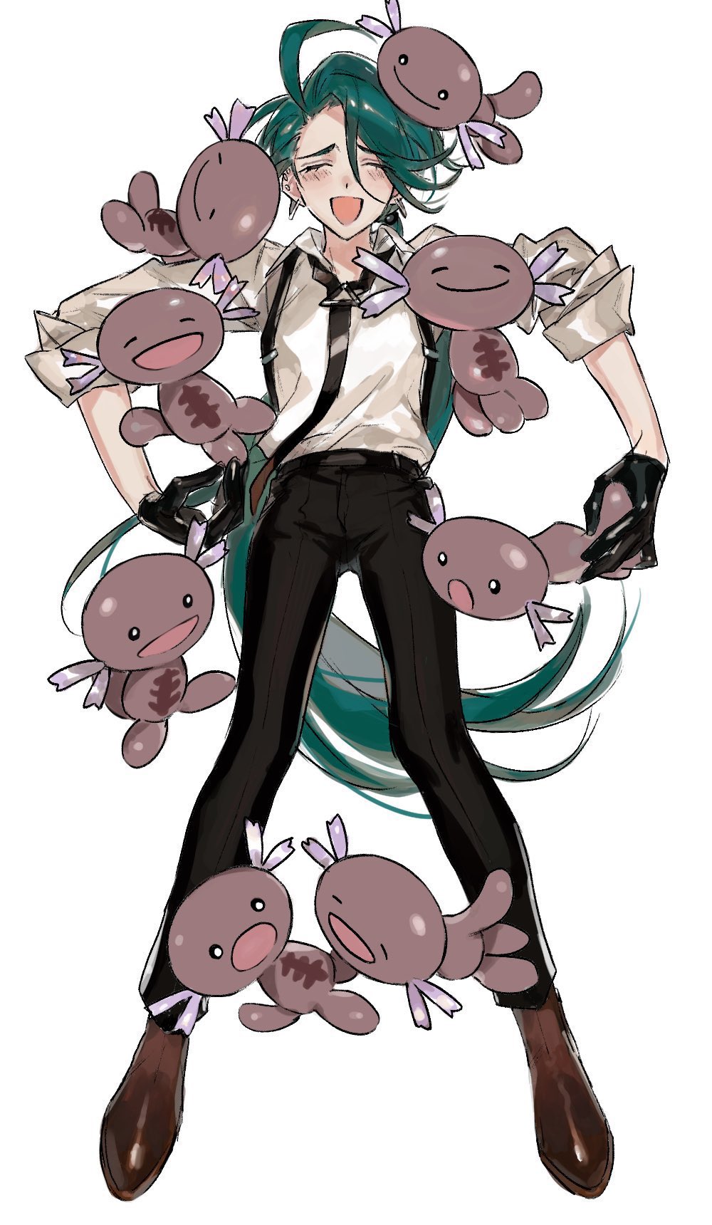 1girl, ^_^, ahoge, androgynous, black_gloves, black_necktie, black_pants, brown_footwear