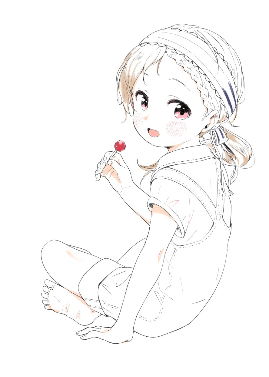 1girl, :d, barefoot, blush, brown_hair, candy, child, feet