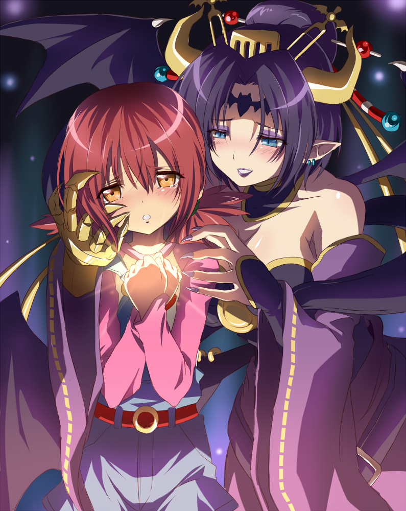 2girls, arai_nobu, blue_eyes, blush, breasts, cleavage, demon_girl, digimon, digimon_xros_wars, eyeliner, female, hinomoto_akari, horns, lilithmon, monster_girl, multiple_girls, overalls, red_hair, redhead, tears, twintails, wings, yellow_eyes