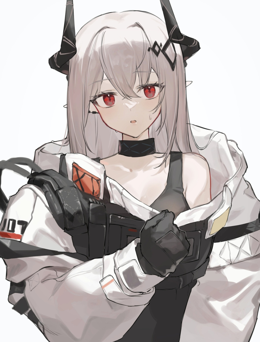 1girl, 2naom8q6gt87292, absurdres, arknights, bare_shoulders, black_choker, black_gloves, black_horns