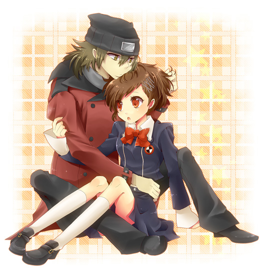 1girl, aragaki_shinjirou, beanie, bow, brown_hair, couple, female_protagonist_(persona_3), hair_ornament, hat, hug, persona, persona_3, persona_3_portable, red_eyes, ribbon, school_uniform, shooting-star, trench_coat, trenchcoat