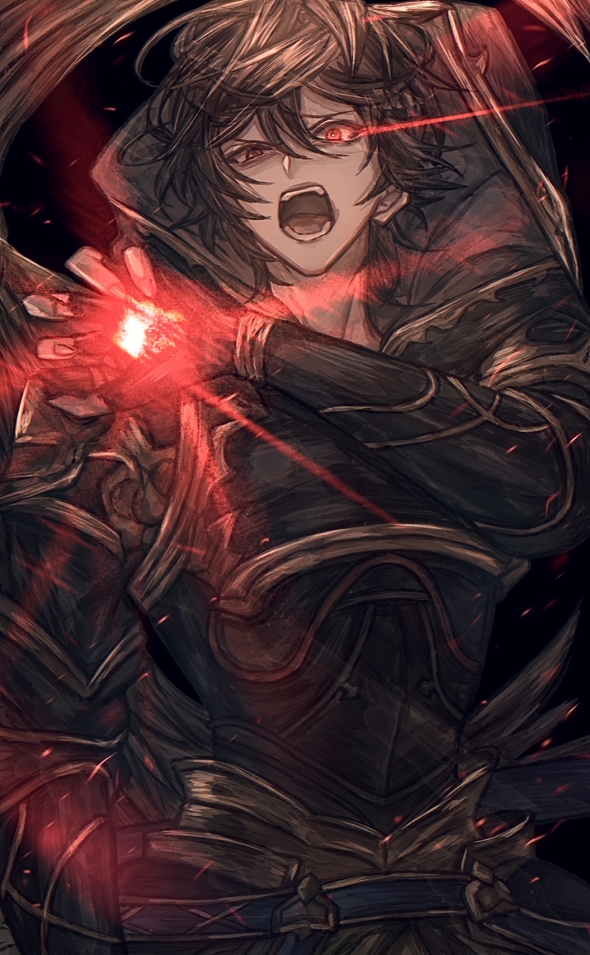 1boy, ahoge, angry, armor, belt, bishounen, breastplate, brown_hair