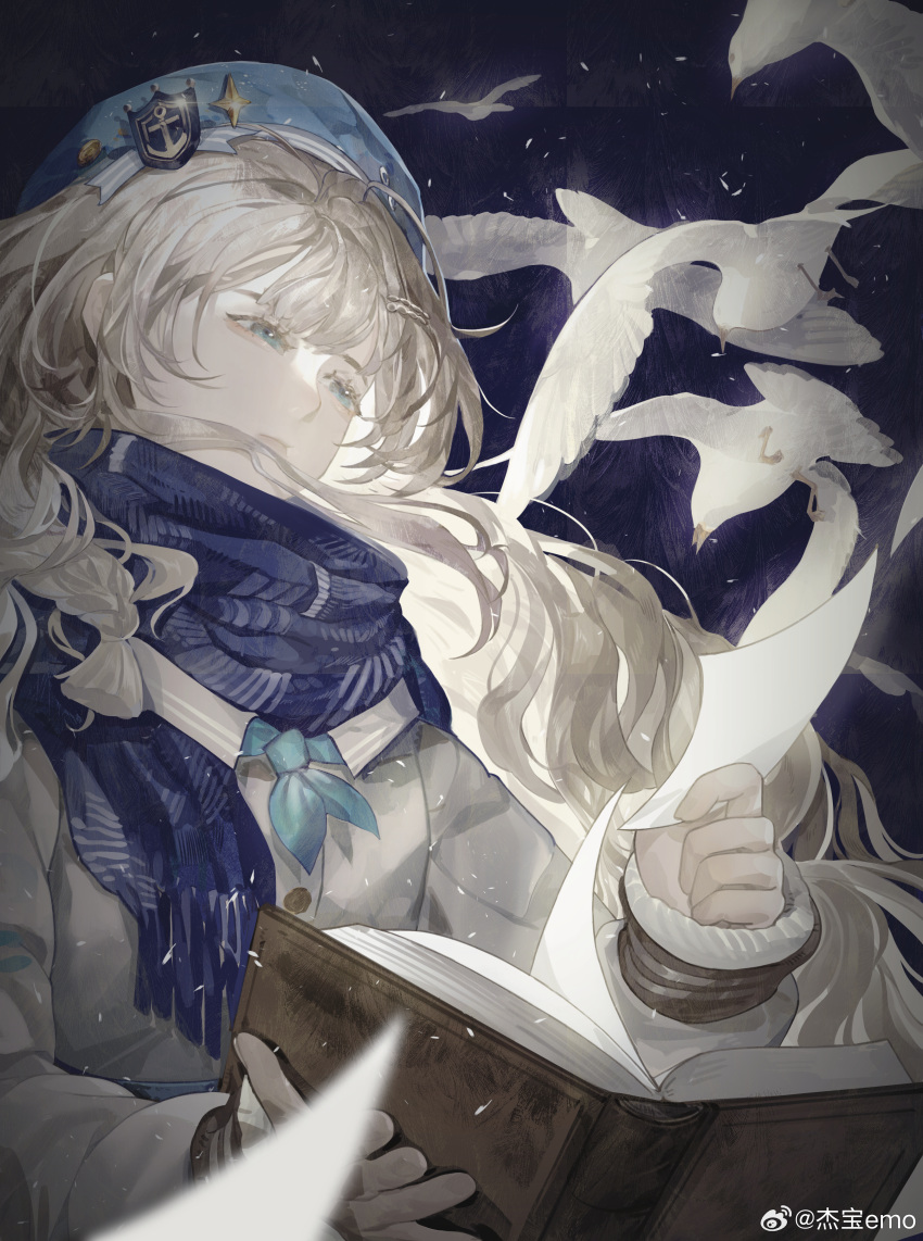 1girl, absurdres, anchor_hat_ornament, beret, bird, black_background, black_neckerchief, blue_eyes