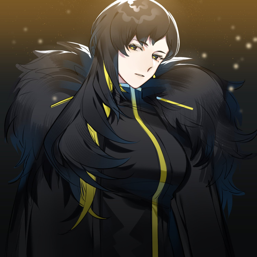 1girl, binah_(project_moon), black_cape, black_dress, black_eyes, black_hair, blonde_hair, breasts, cape, colored_inner_hair, dress, fur-trimmed_cape, fur_trim, highres, large_breasts, library_of_ruina, multicolored_hair, project_moon, shanhujiao, solo, upper_body, yellow_pupils