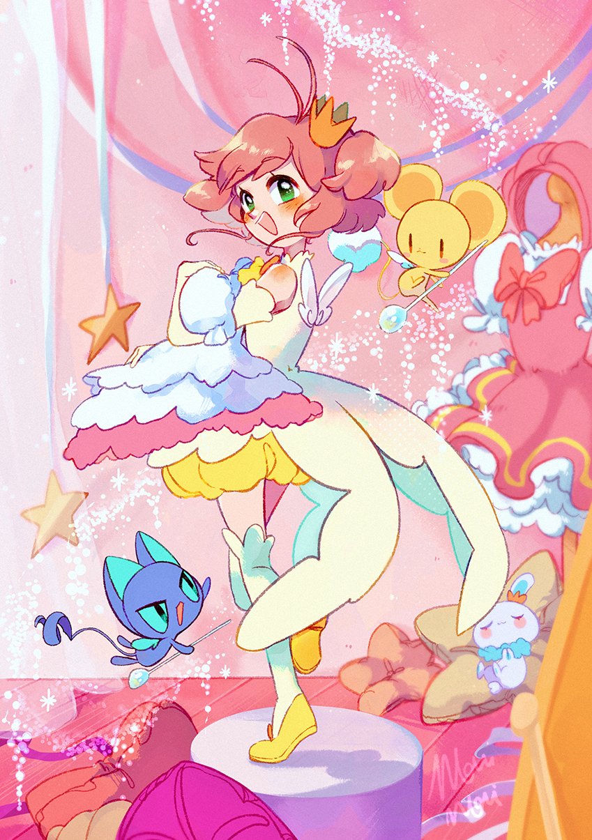 1girl, 3others, blue_wings, blush, bow, bowtie, brown_hair, bubble_skirt, cardcaptor_sakura, crown, detached_sleeves, dress, english_commentary, flying, frilled_dress, frills, full_body, green_eyes, hair_up, highres, holamonimoni, holding, holding_clothes, holding_dress, holding_spoon, kero_(cardcaptor_sakura), kinomoto_sakura, looking_at_another, looking_back, looking_up, magical_girl, mini_crown, momo_(cardcaptor_sakura), multiple_others, pillow, pink_bow, pink_bowtie, pink_dress, skirt, sleeping, smile, spoon, standing, standing_on_one_leg, star-shaped_pillow, star_(symbol), suppi, tail, thigh-highs, white_thighhighs, white_wings, wings, yellow_footwear, yellow_skirt