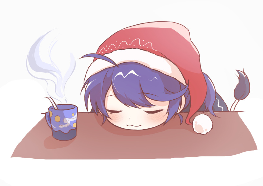 1girl, :3, ahoge, aichi_u_titan, blue_hair, blush, closed_eyes, cup