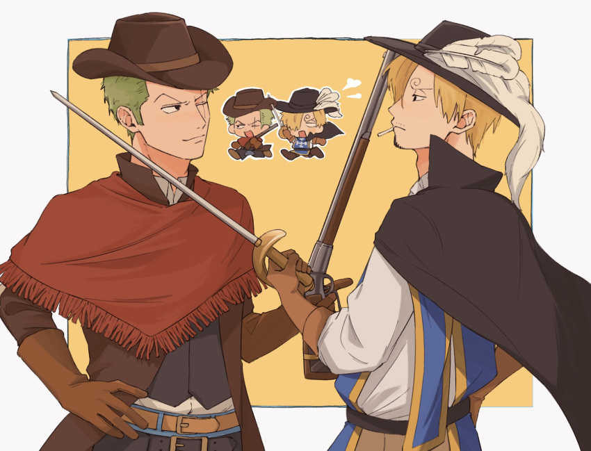 2boys, alternate_costume, beard_stubble, belt, black_cape, blonde_hair, brown_gloves, cape