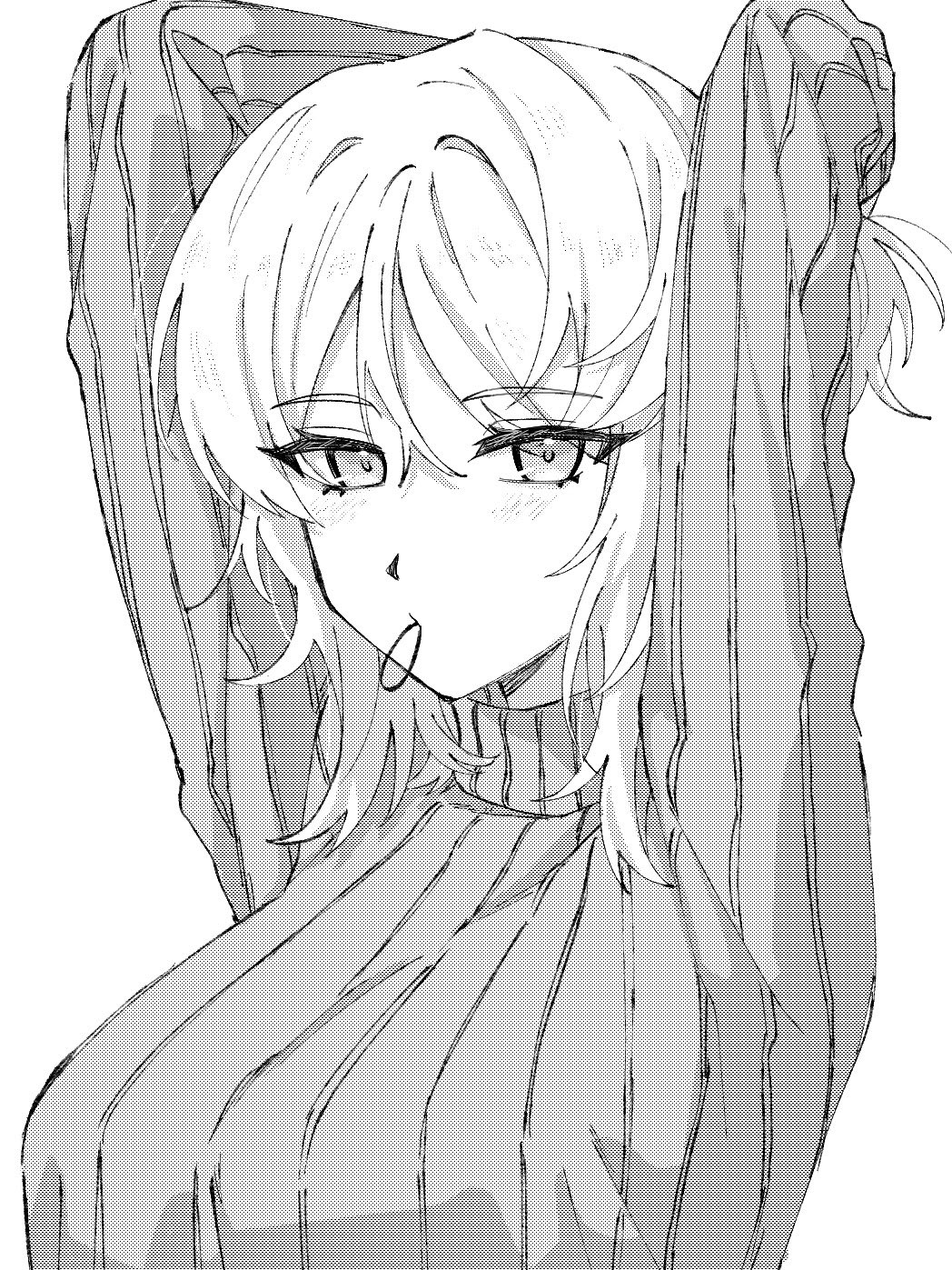 1girl, arms_up, breasts, closed_mouth, faust_(project_moon), greyscale, hair_tie, highres