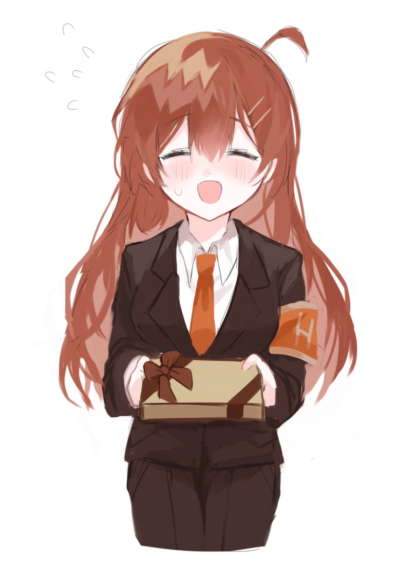1girl, ahoge, black_jacket, black_pants, blush, box, brown_hair, closed_eyes