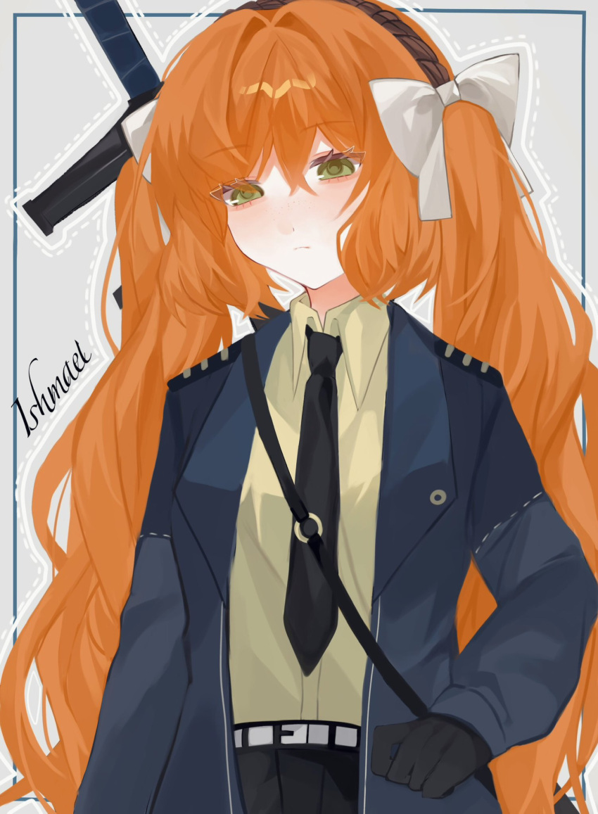 black_gloves, black_necktie, black_pants, blue_coat, blush, bow, brown_hairband, closed_mouth