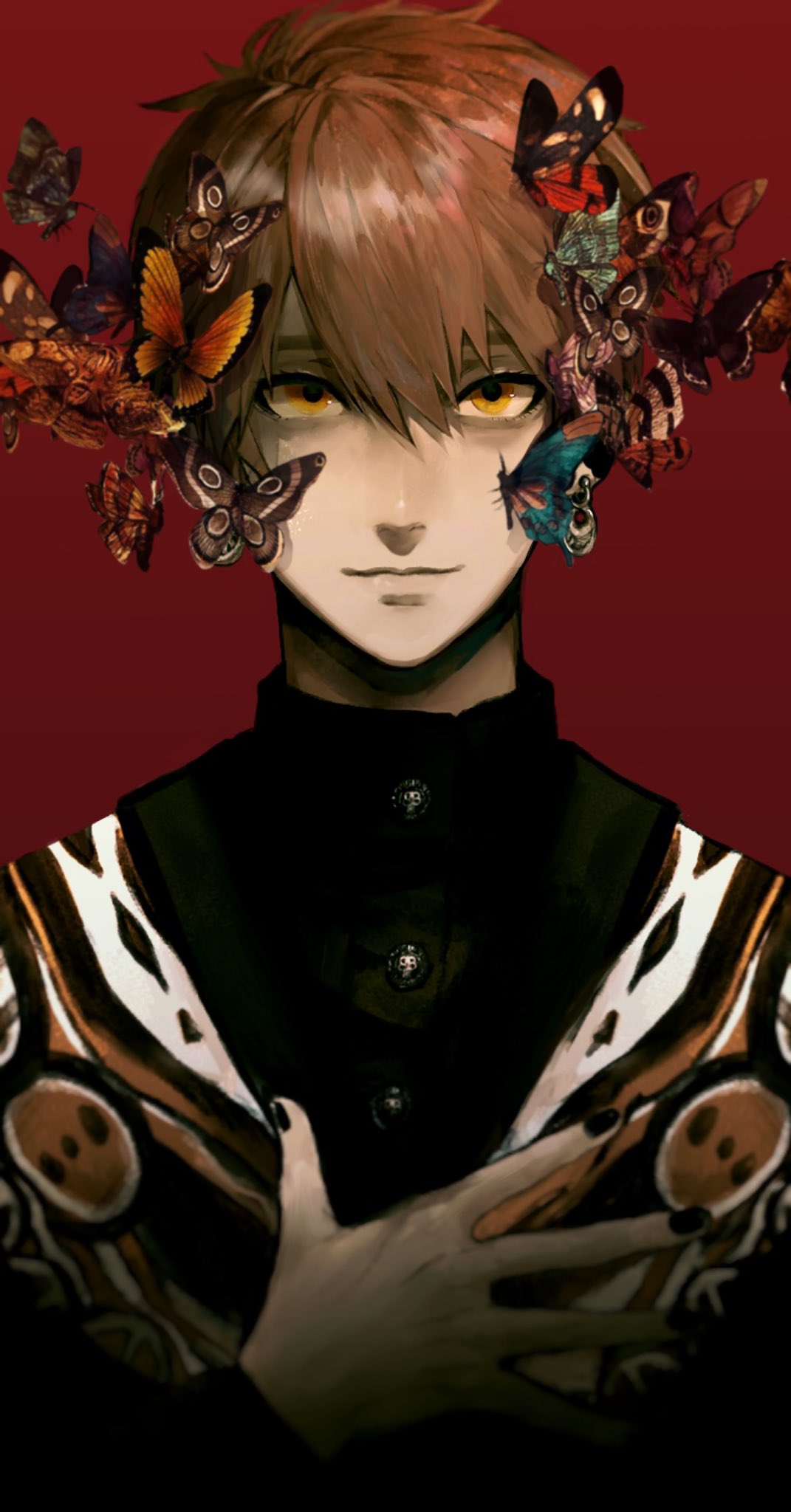 1boy, black_nails, brown_hair, bug, butterfly, butterfly_on_face, closed_mouth, hands_up