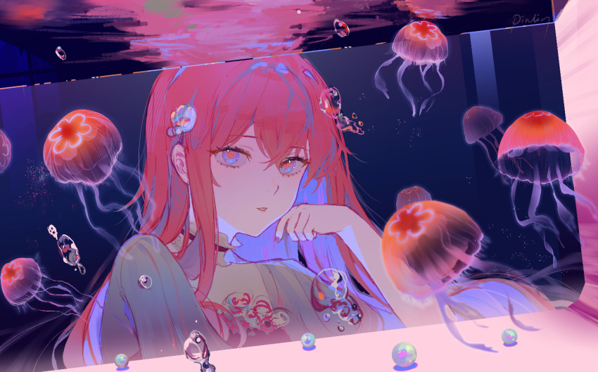 1girl, air_bubble, aquarium, blue_eyes, bubble, choker, colored_inner_hair, crossed_bangs