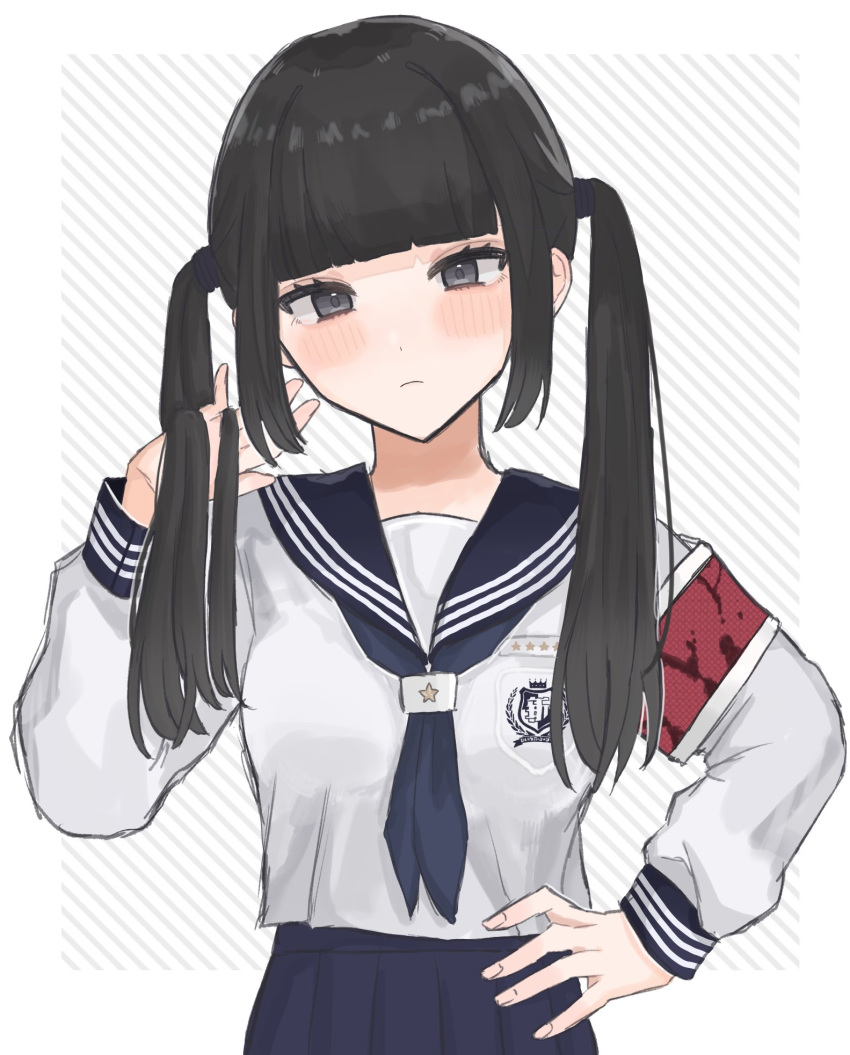 1girl, armband, atarashii_gakkou_no_leaders, black_eyes, blue_neckerchief, blue_sailor_collar, blue_skirt, blunt_bangs