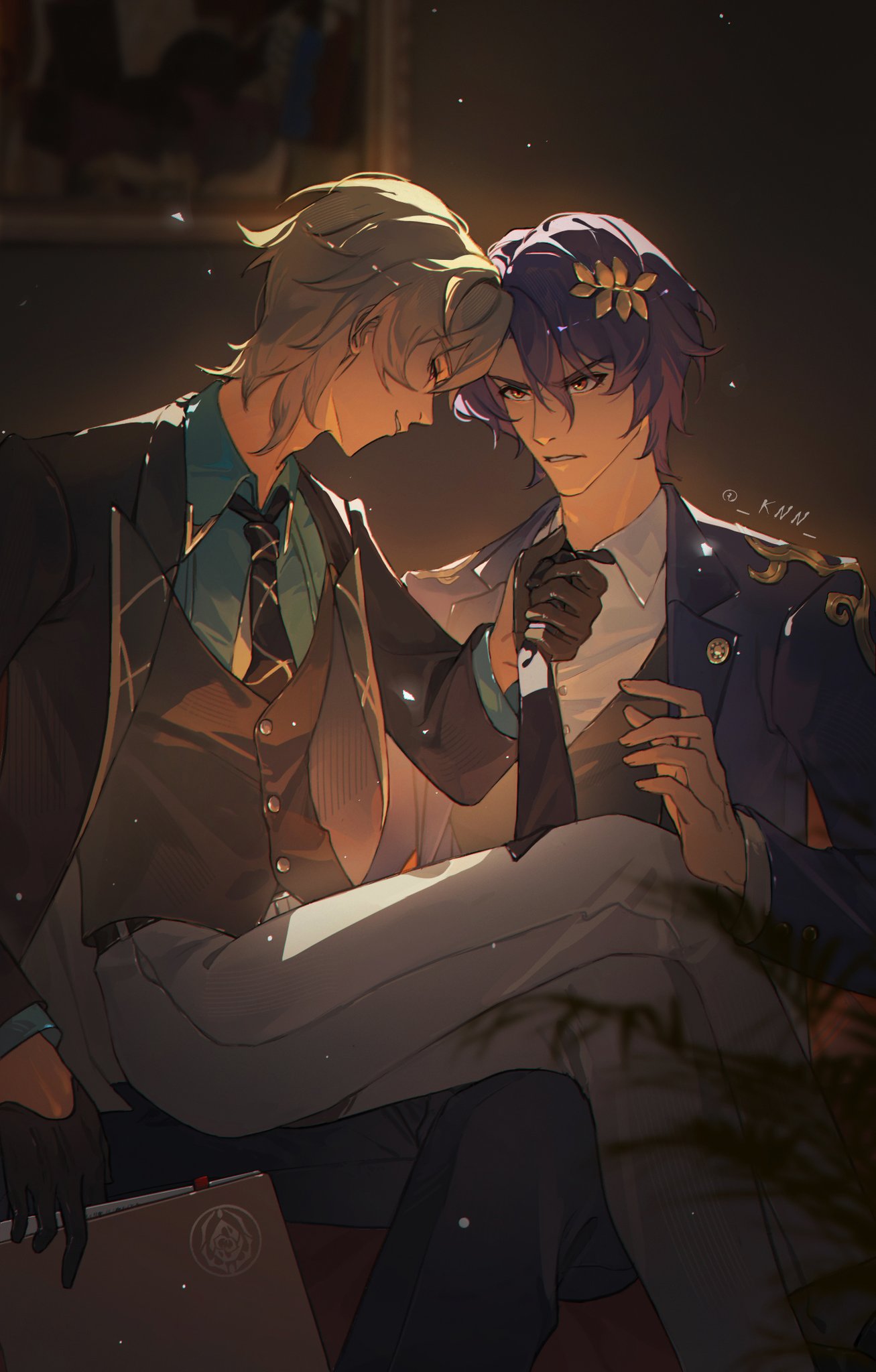 2boys, aqua_shirt, aventurine_(honkai:_star_rail), black_gloves, black_jacket, black_necktie, blonde_hair, blue_hair