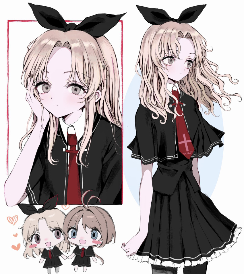 2girls, antenna_hair, black_bow, black_capelet, black_shirt, black_skirt, blonde_hair, blush_stickers